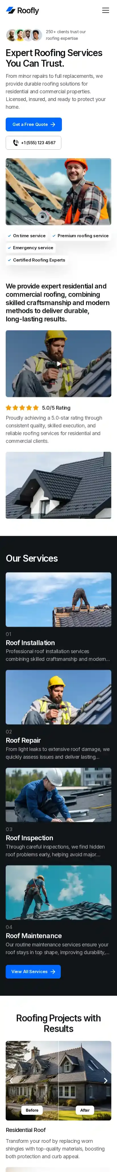 Roofly home page on mobile