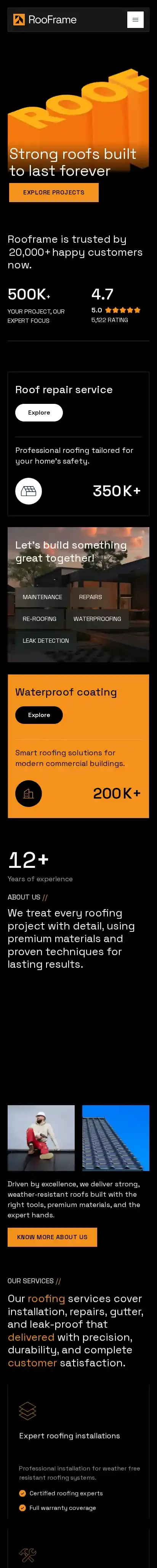 RooFrame home page on mobile