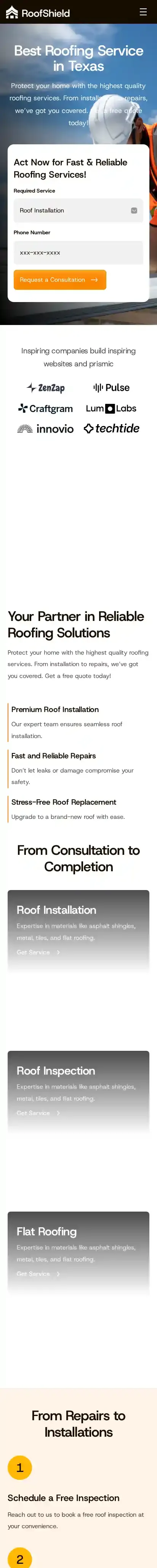 RoofShield home page on mobile