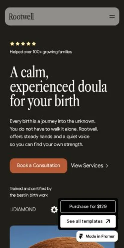 Rootwell home page on mobile