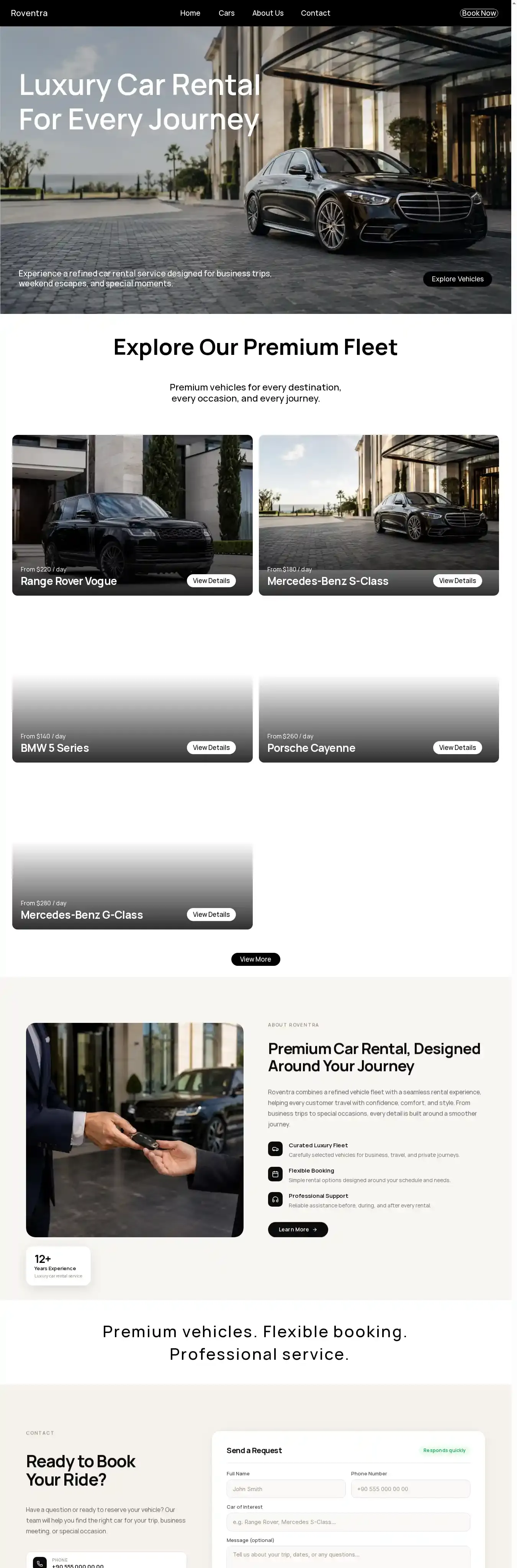 Roventra Car Rental home page on desktop