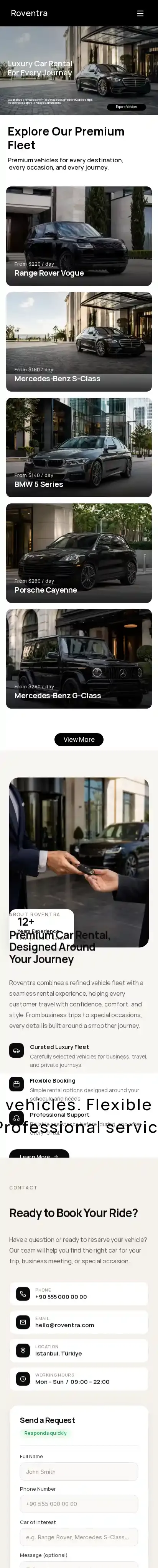 Roventra Car Rental home page on mobile