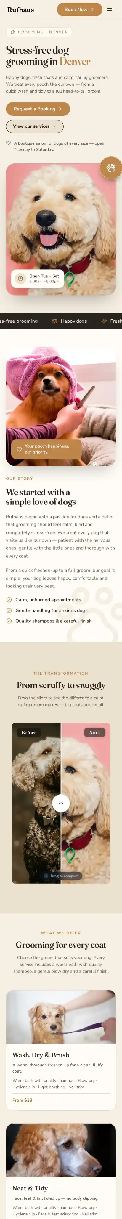 Rufhaus home page on mobile