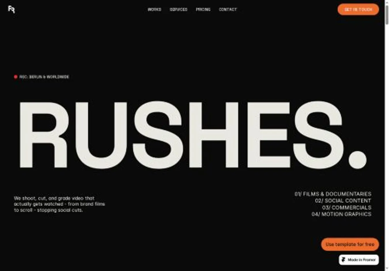 RUSHES. home page on desktop