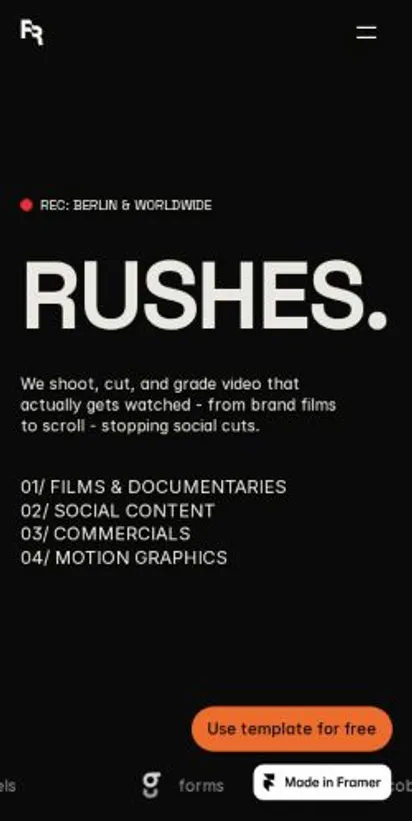 RUSHES. home page on mobile