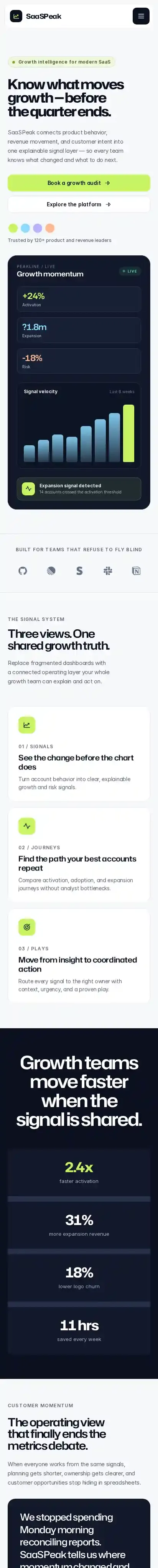 SaaSPeak home page on mobile