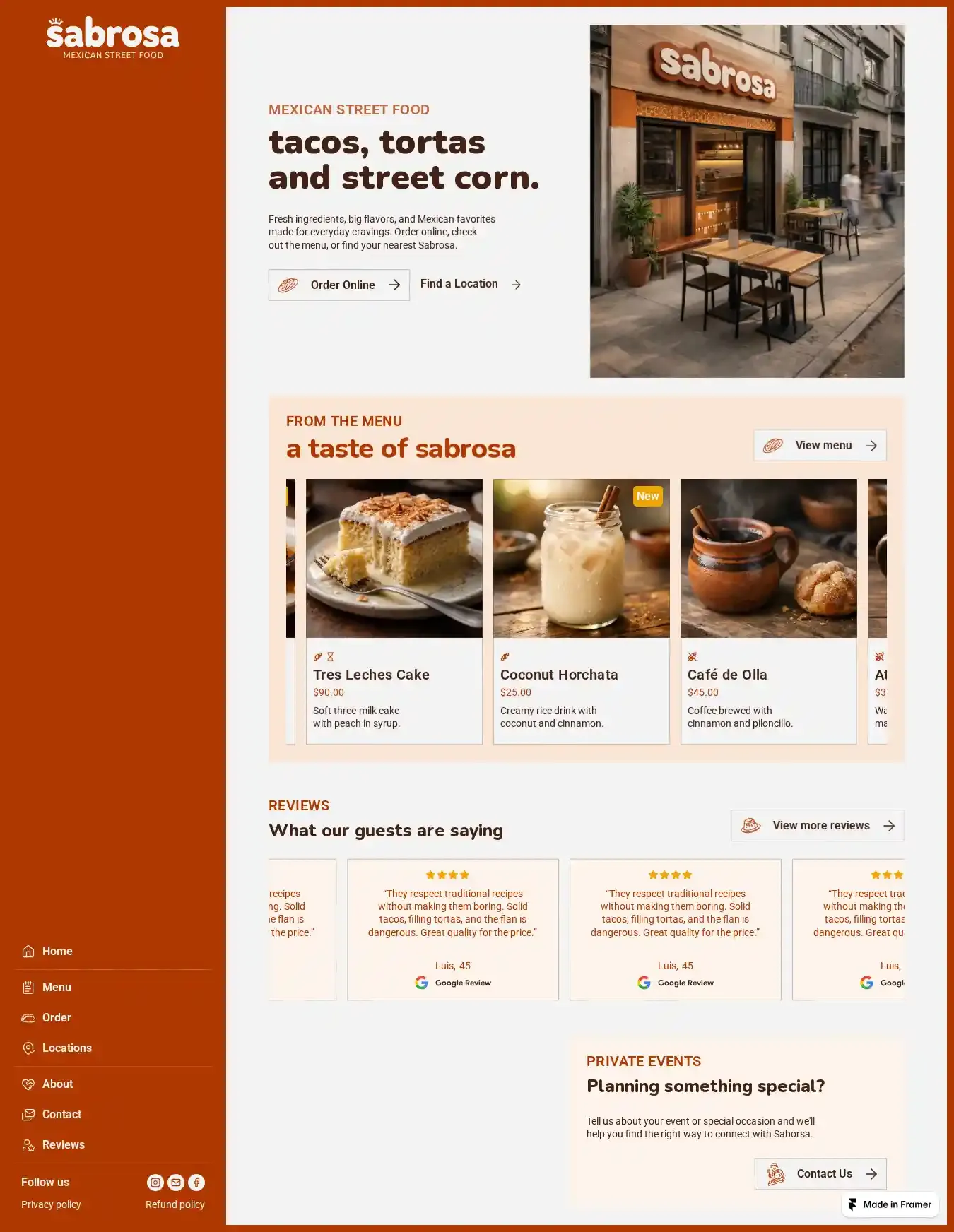 Sabrosa home page on desktop