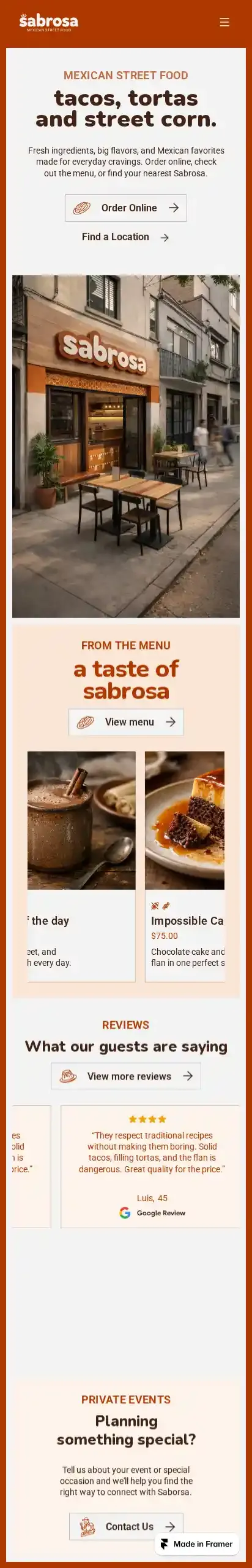 Sabrosa home page on mobile