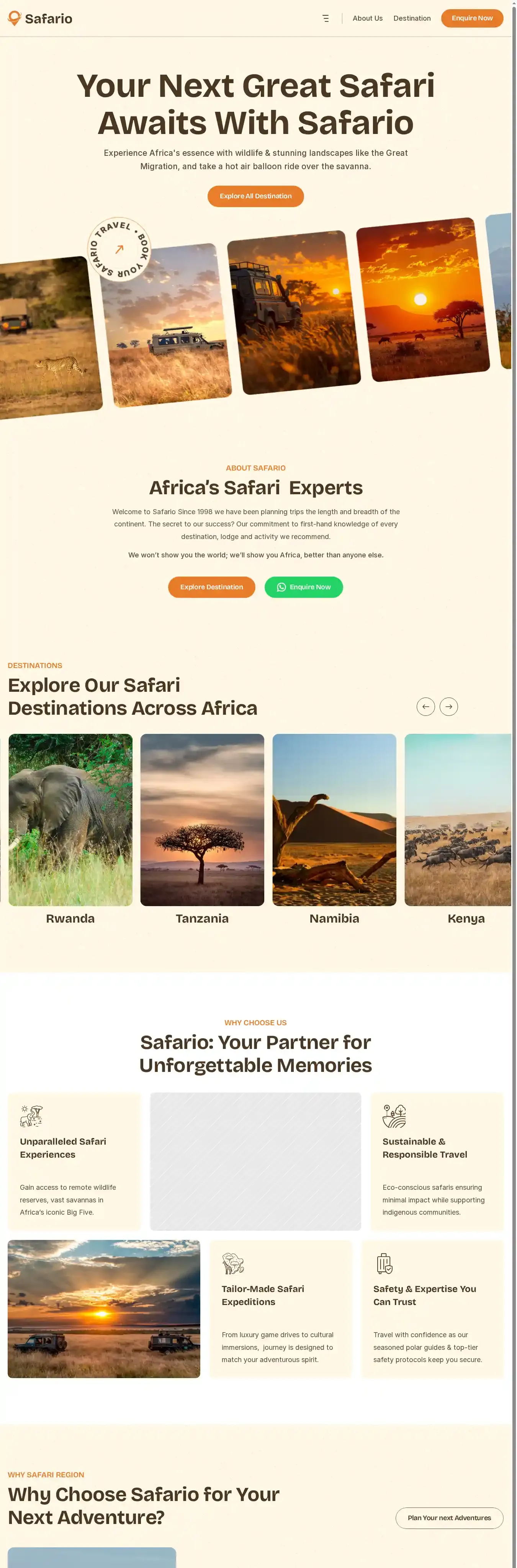 Safario home page on desktop