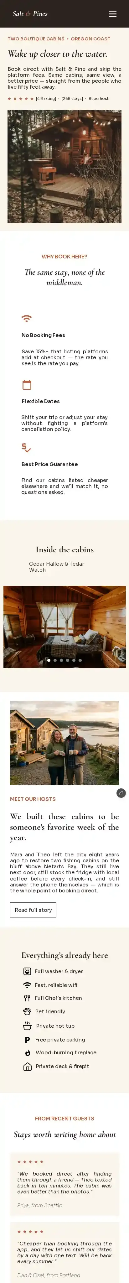 Salt & Pines Cabin home page on mobile