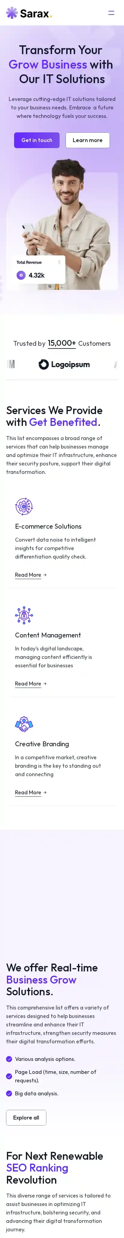 Sarax home page on mobile