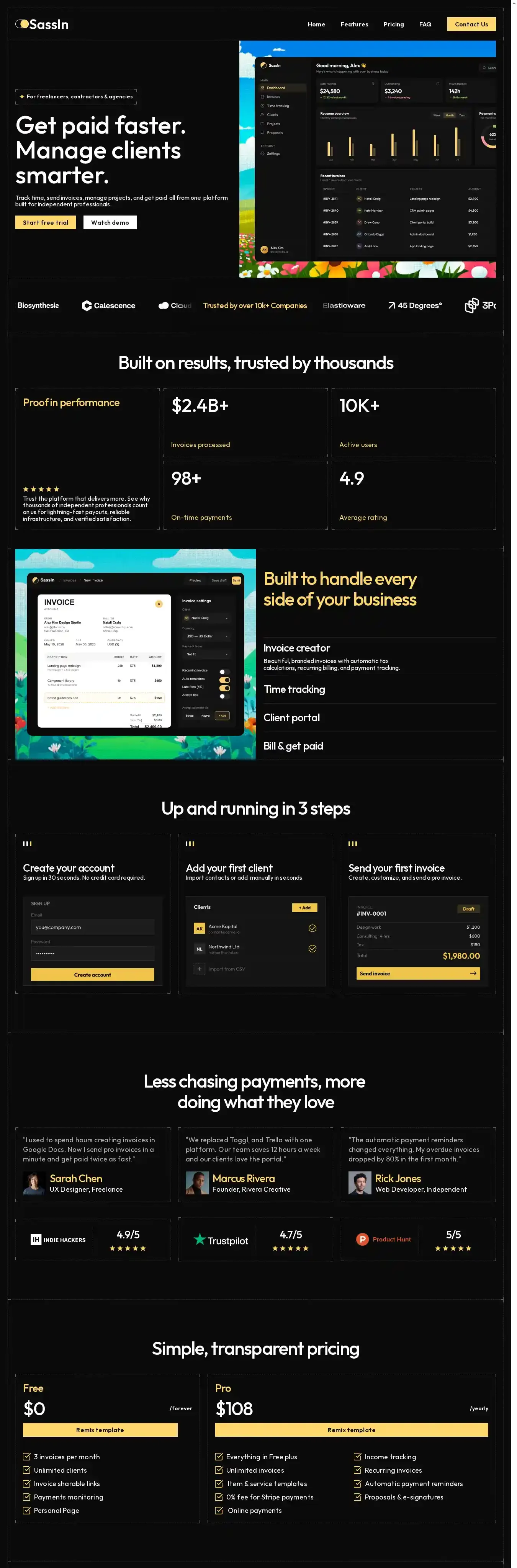 SassIn home page on desktop