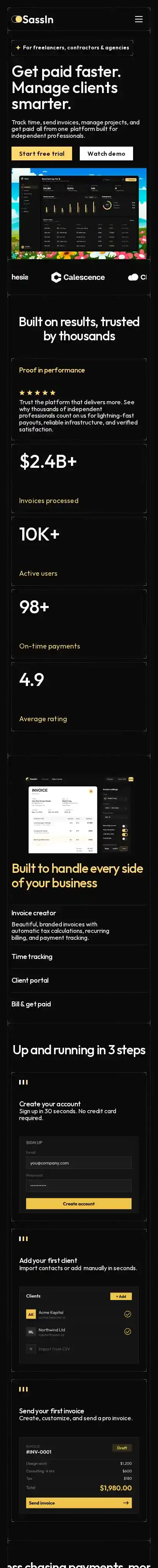 SassIn home page on mobile