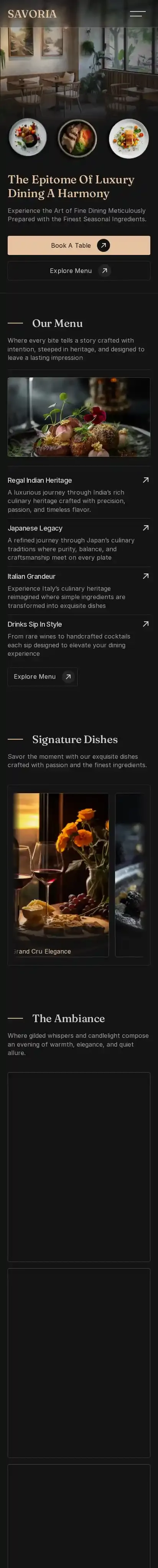 SAVORIA home page on mobile
