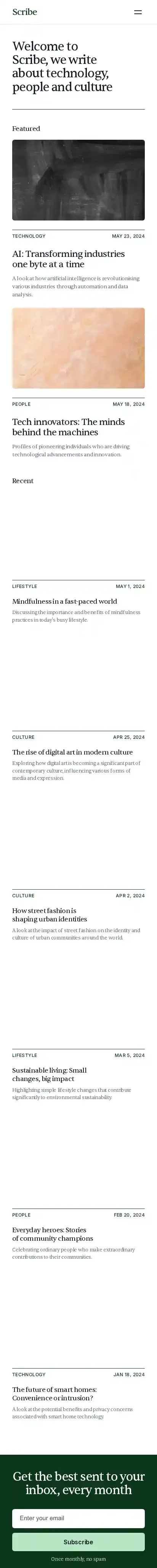 Scribe home page on mobile