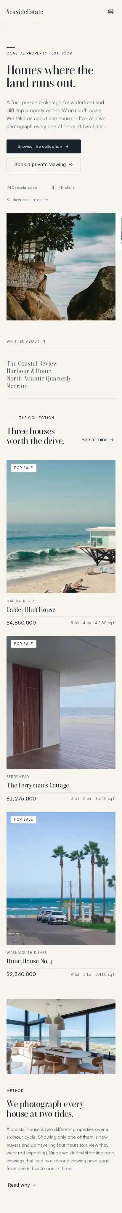 SeasideEstate home page on mobile
