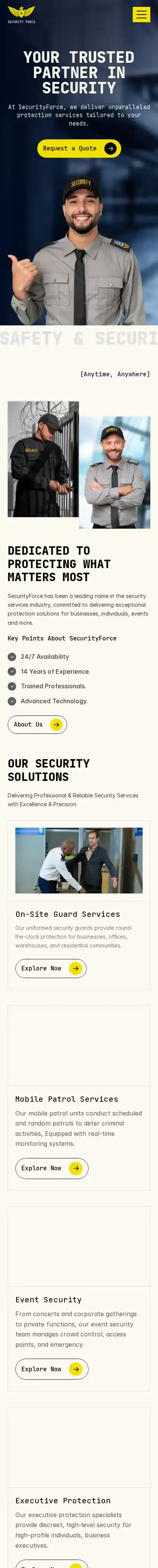 SecurityForce home page on mobile