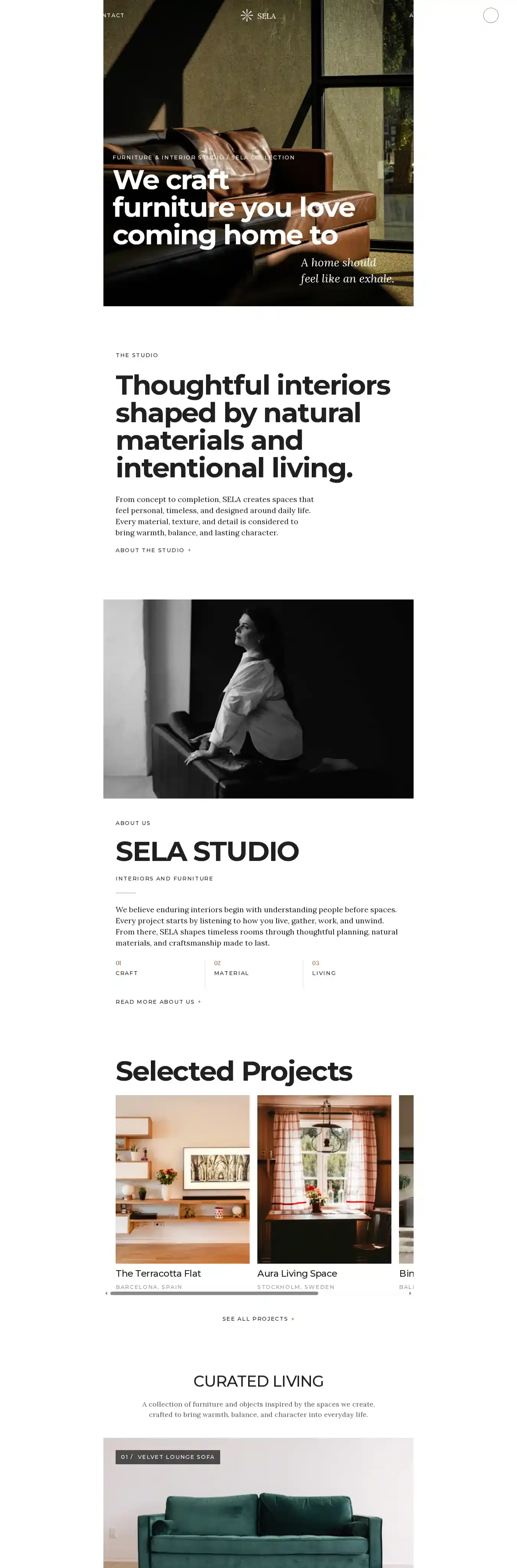SELA Interior Studio home page on desktop