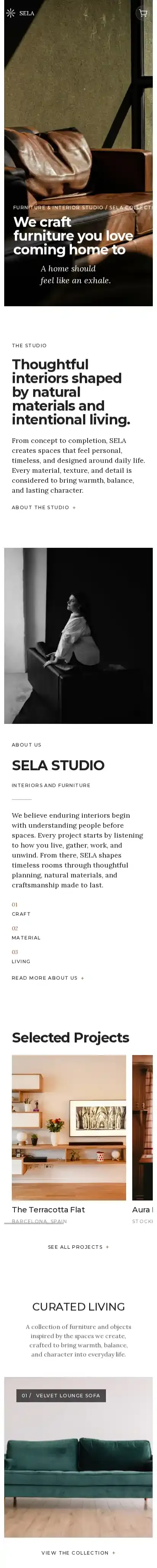 SELA Interior Studio home page on mobile