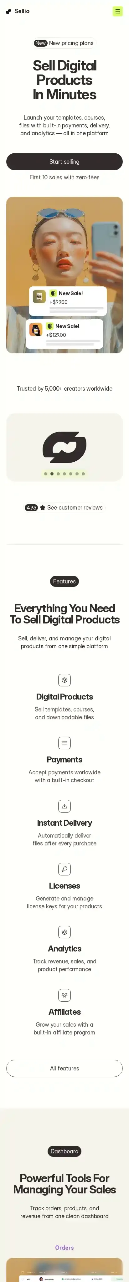 Sellio home page on mobile