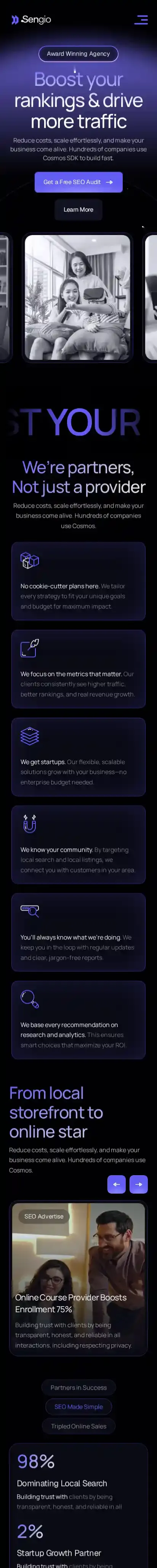 Sengio SEO home page on mobile