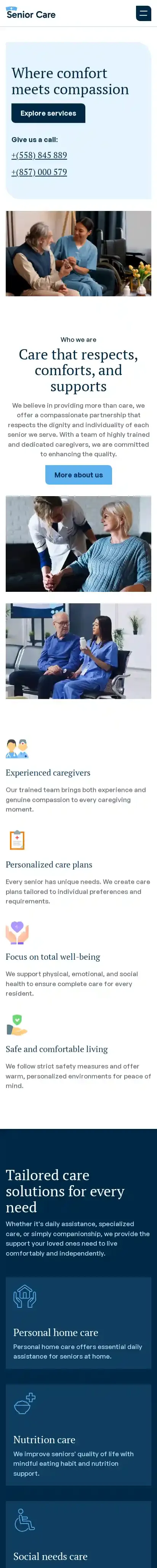 Senior Care home page on mobile