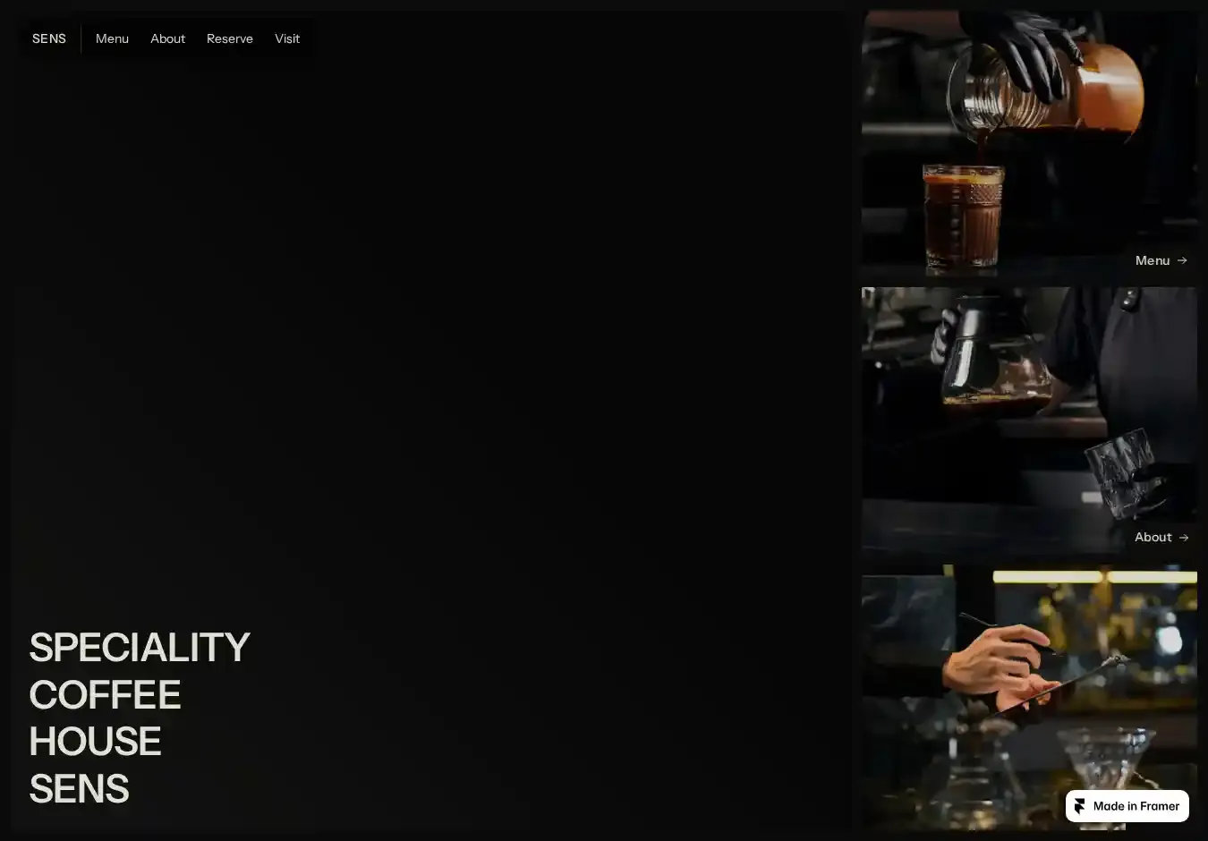 Sens Coffee home page on desktop