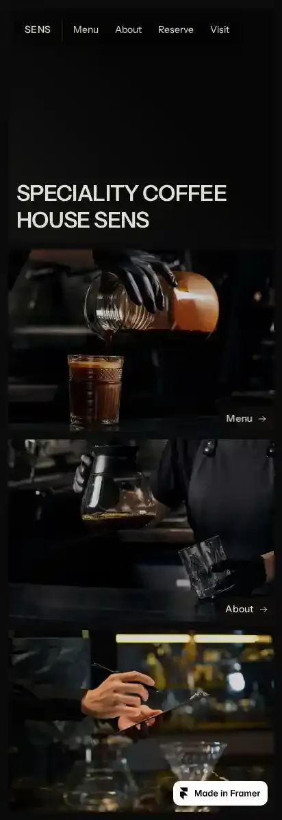 Sens Coffee home page on mobile