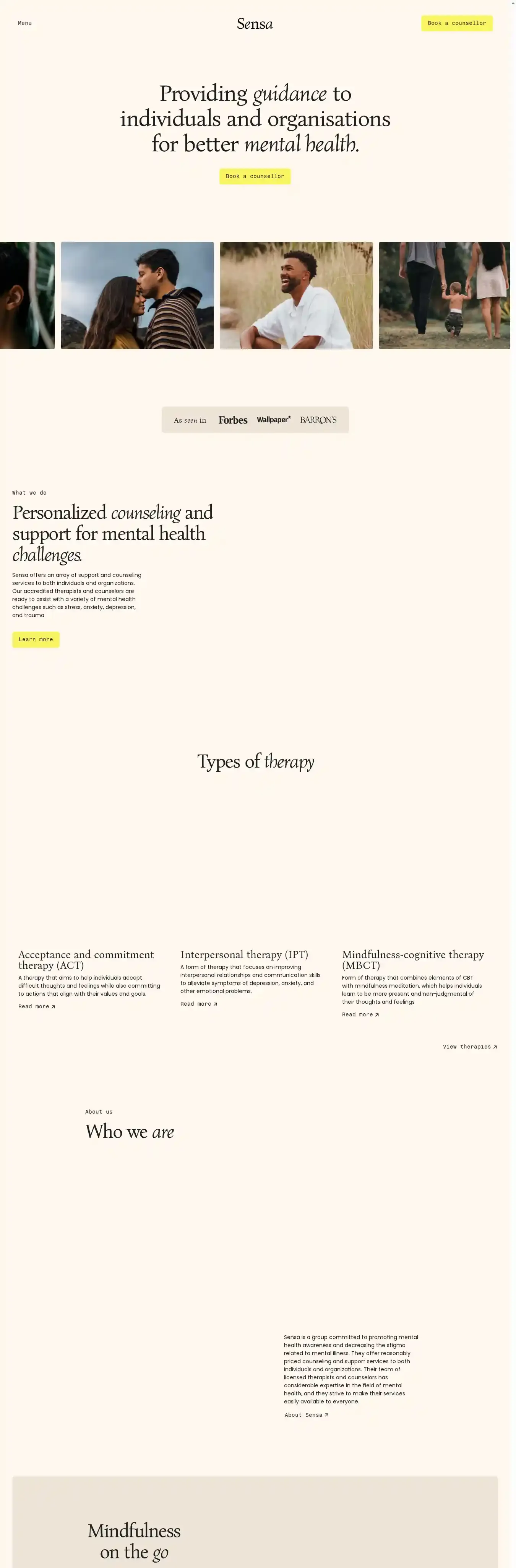Sensa home page on desktop
