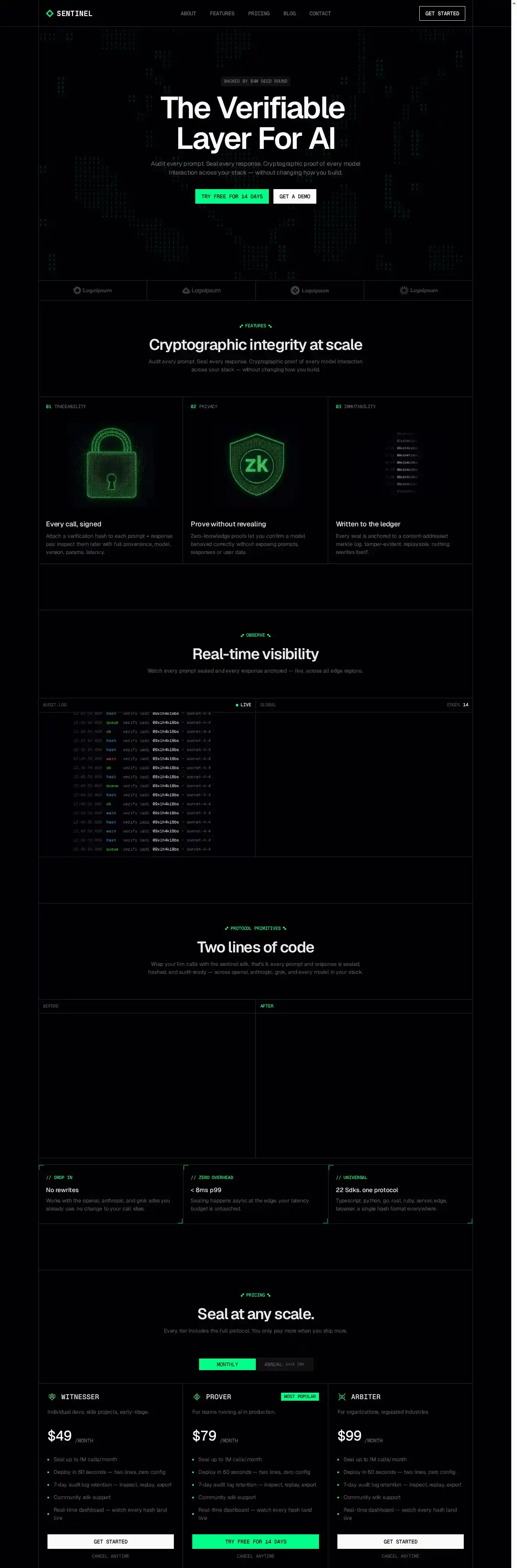 Sentinell home page on desktop