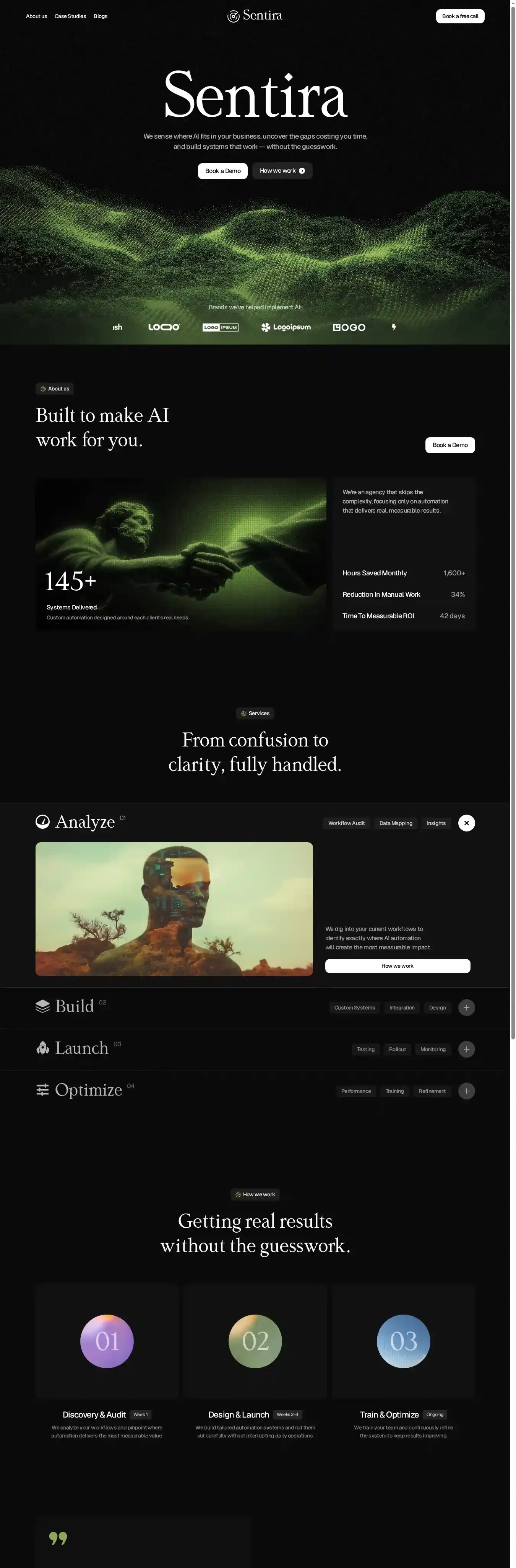 Sentira home page on desktop
