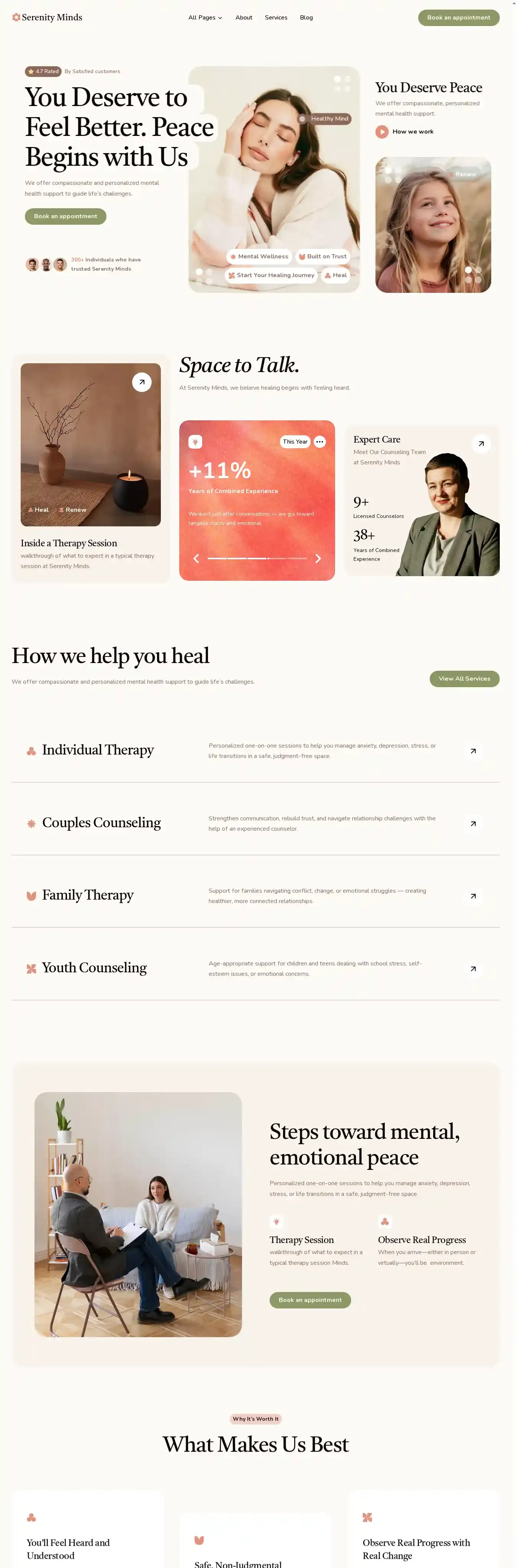 Sereenity home page on desktop
