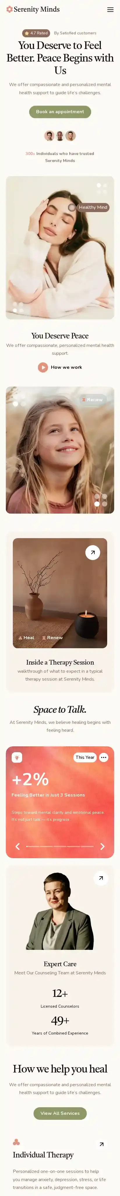 Sereenity home page on mobile