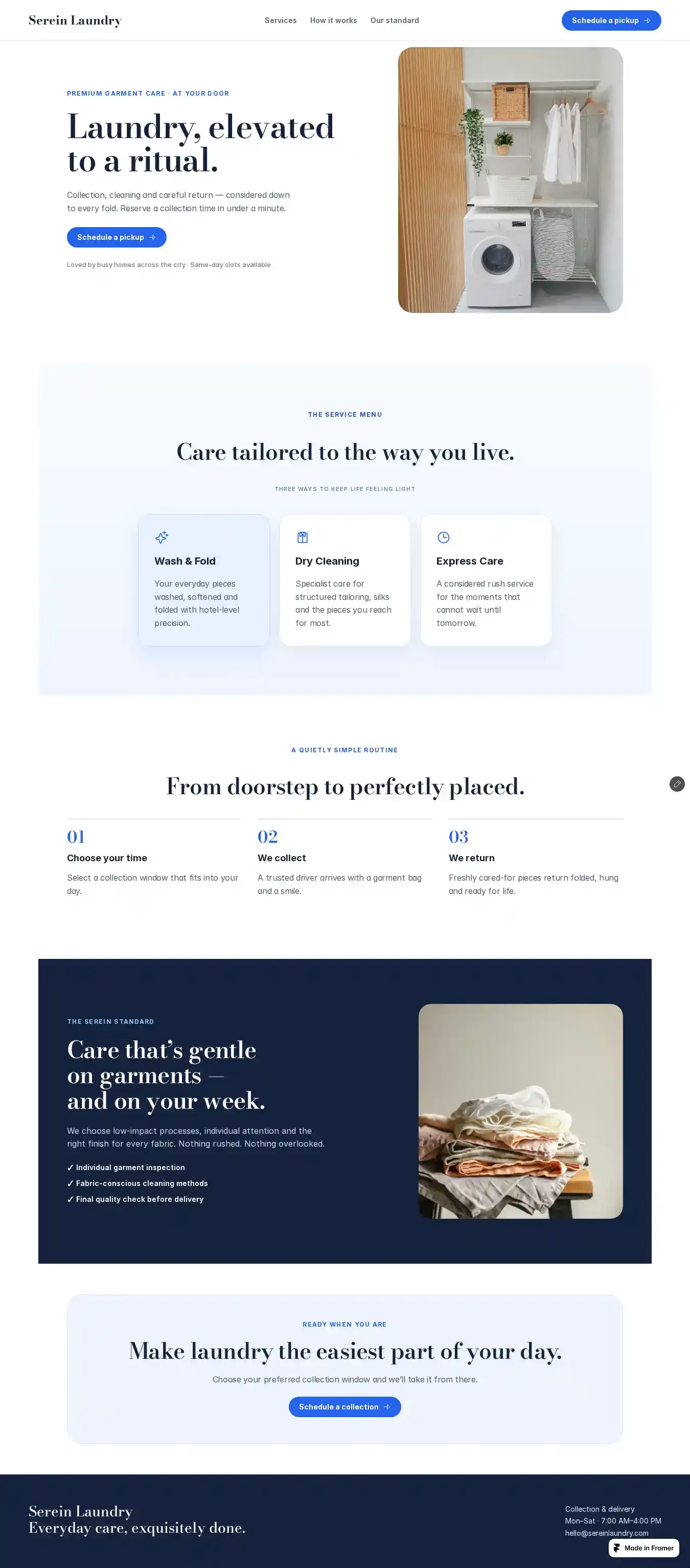 Serein Laundry home page on desktop