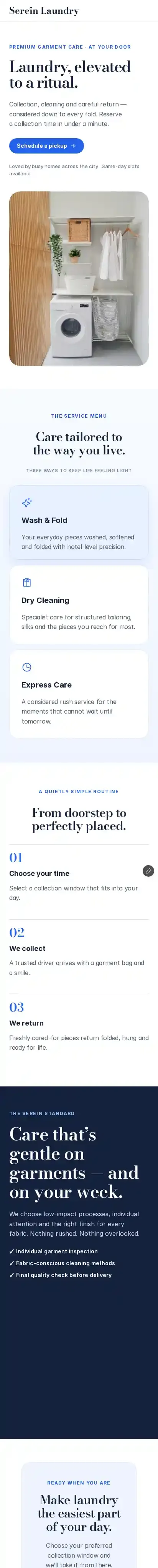 Serein Laundry home page on mobile