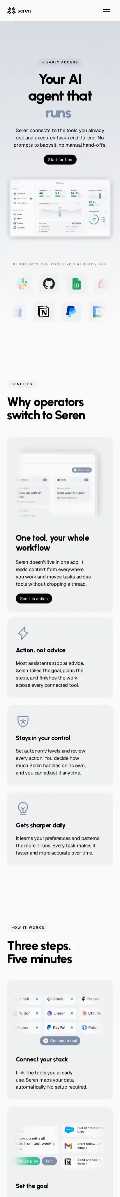 Seren home page on mobile