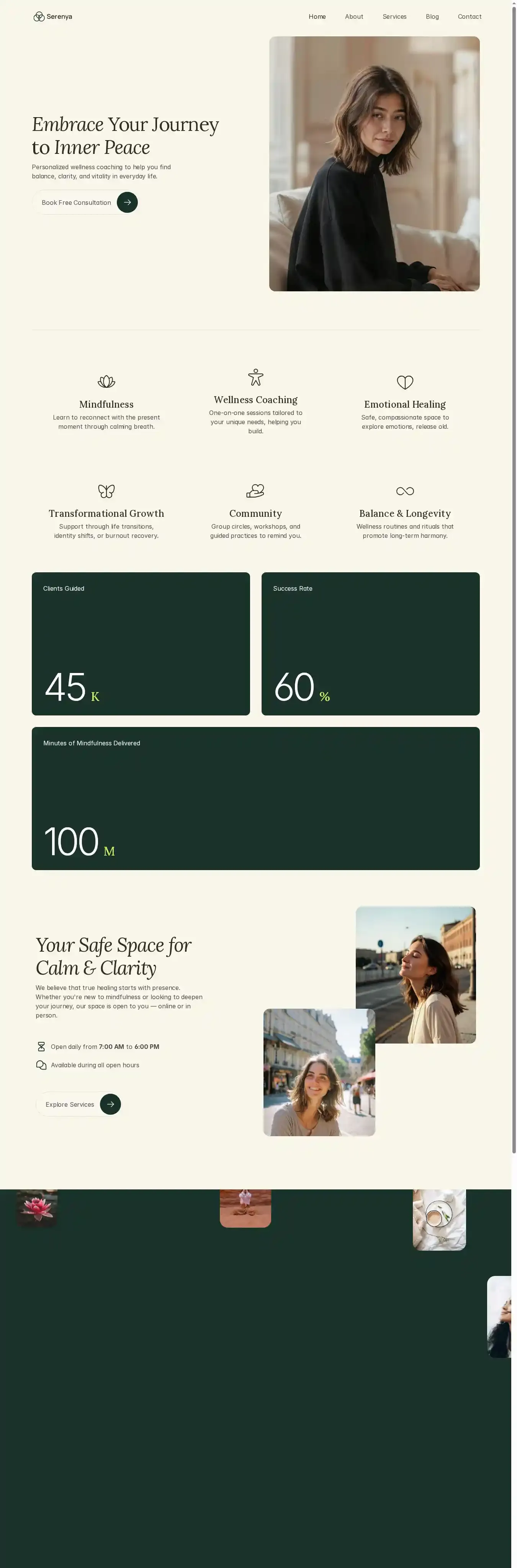 Serenya home page on desktop