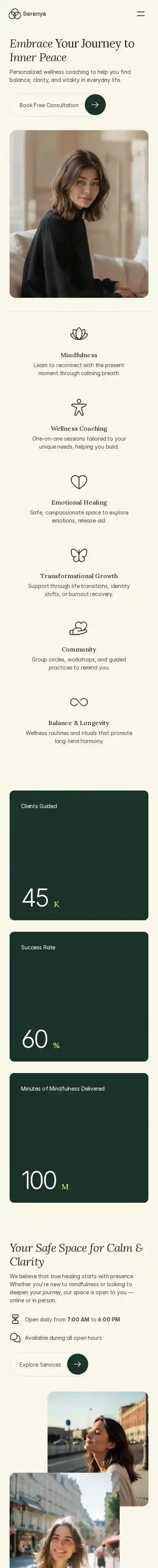 Serenya home page on mobile