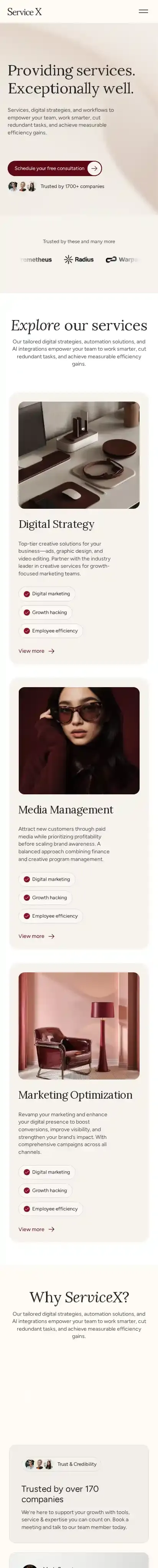 ServicoX home page on mobile