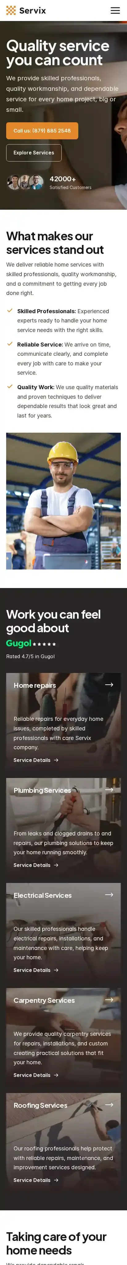 Servix home page on mobile