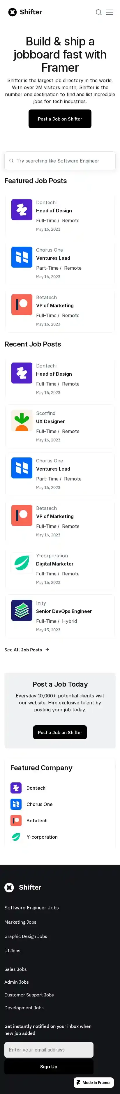Shifter home page on mobile