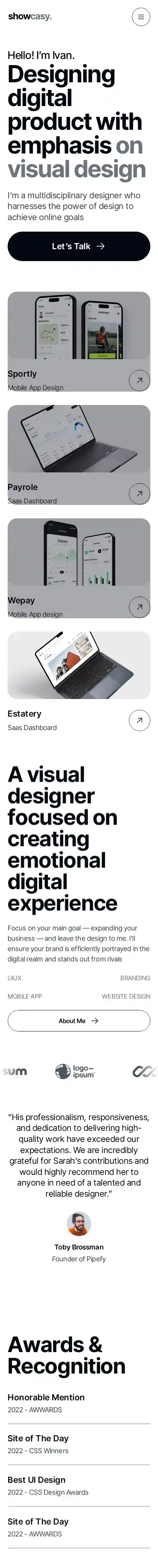 Showcasy home page on mobile