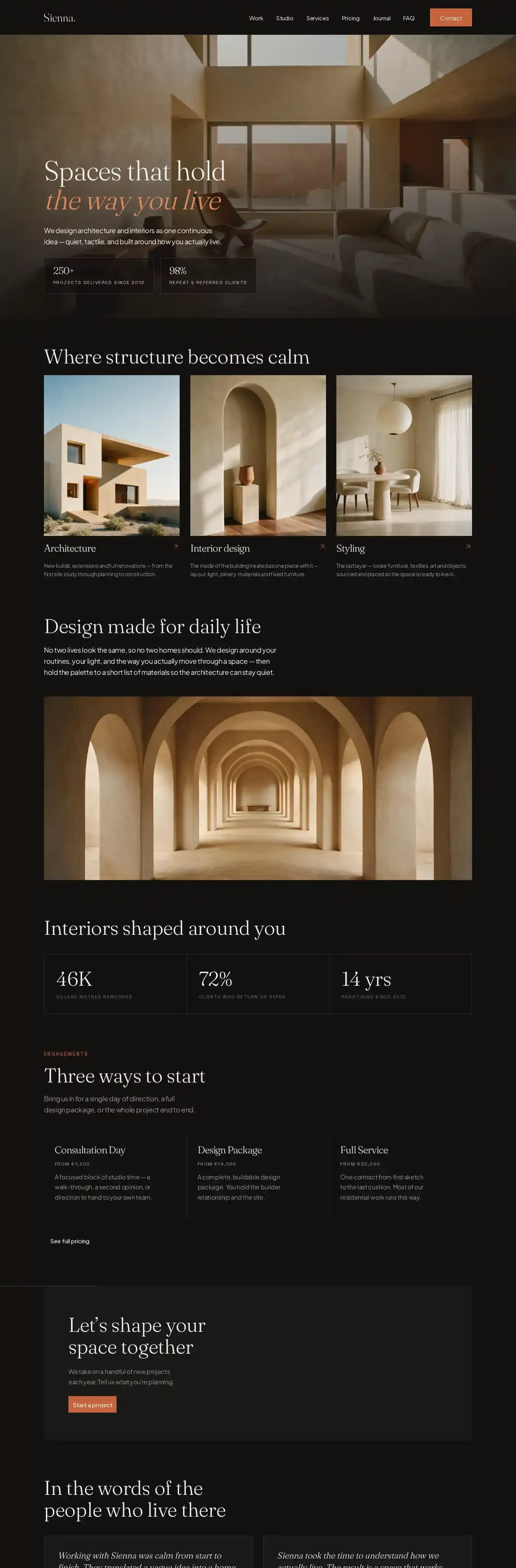 Sienna architect home page on desktop