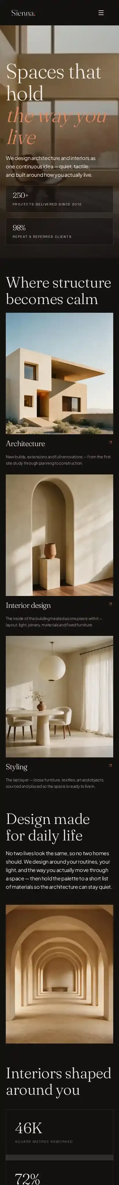 Sienna architect home page on mobile