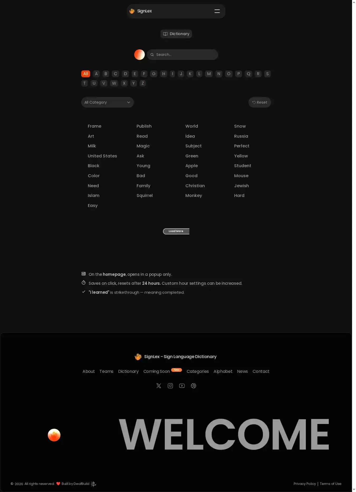 SignLex home page on desktop
