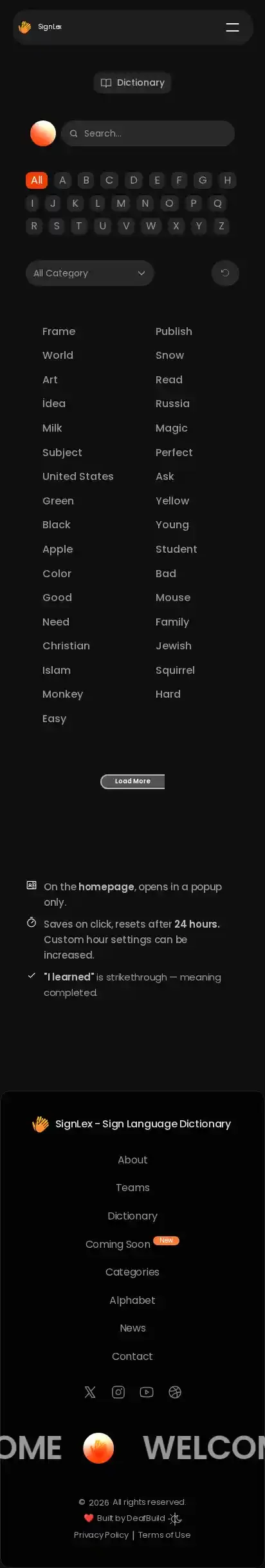 SignLex home page on mobile