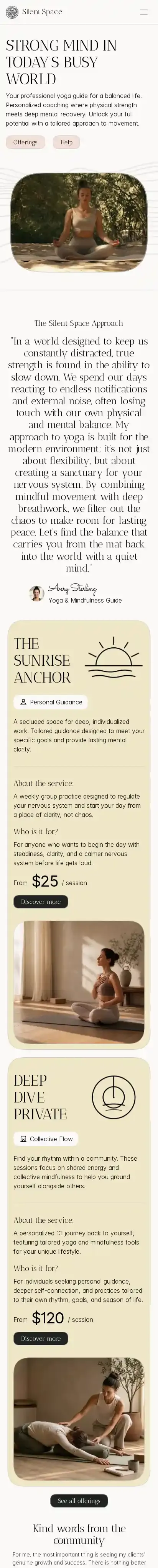 Silent Space Yoga home page on mobile