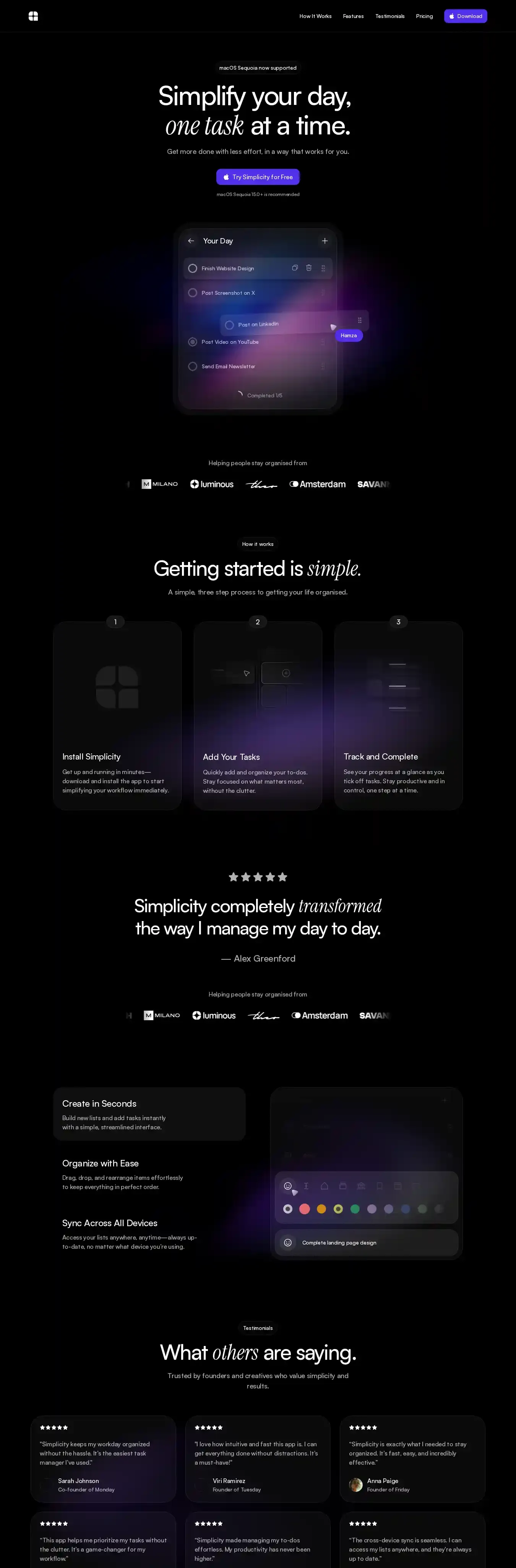 Simplicity home page on desktop