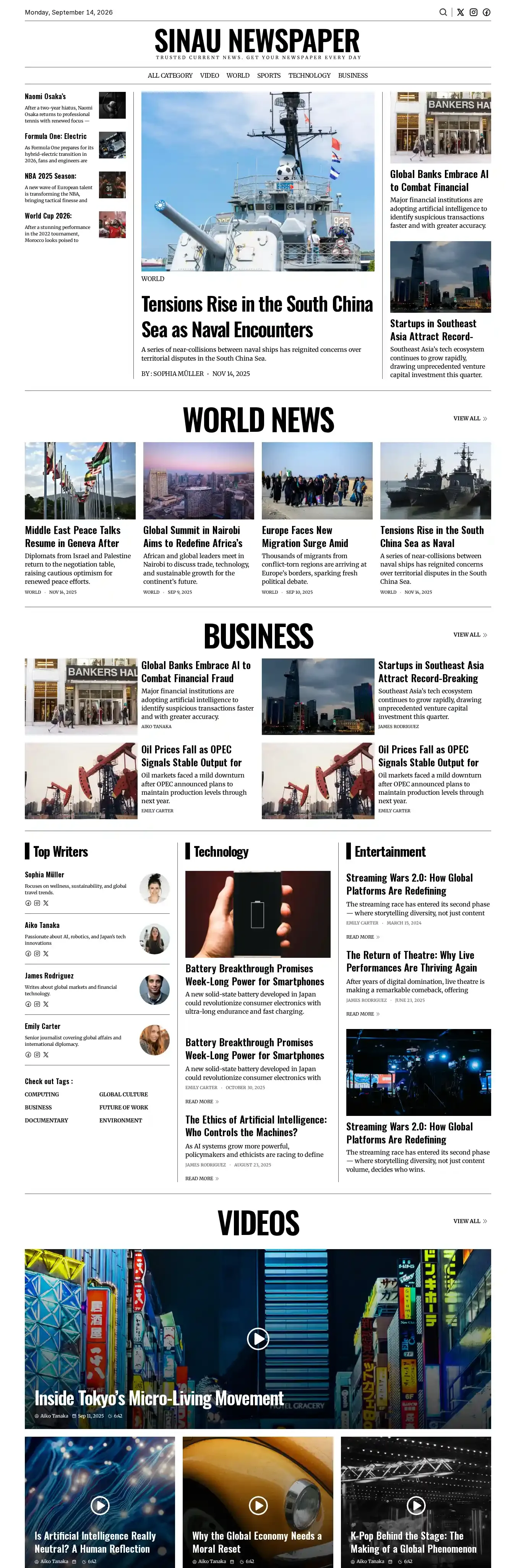 Sinau newspaper home page on desktop