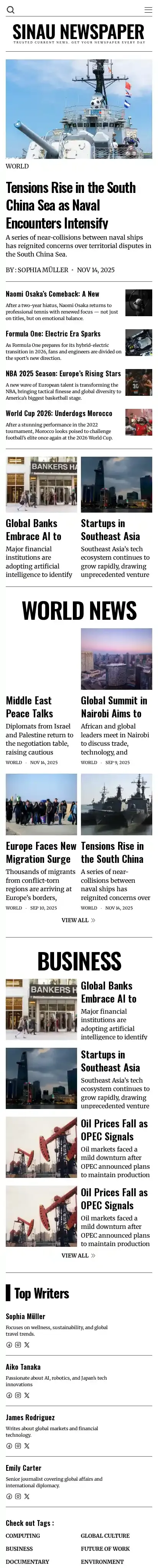 Sinau newspaper home page on mobile